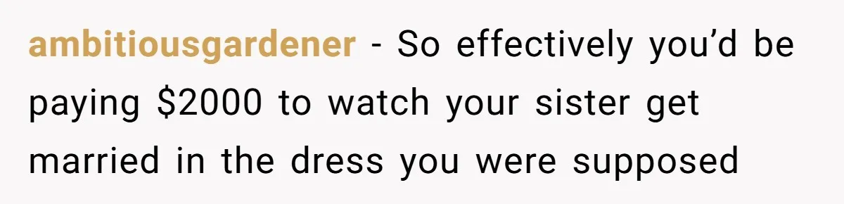 ambitiousgardener − So effectively you’d be paying $2000 to watch your sister get married in the dress you were supposed