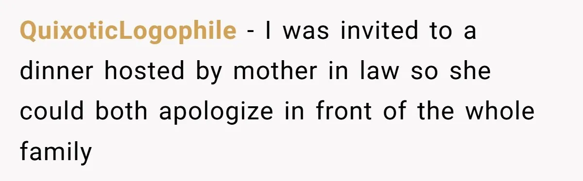 Mother-In-Law Blames Grieving Mom For Baby’s Death At Funeral, Then Invites Her To “Apology Dinner” When She Gets Pregnant Again QuixoticLogophile − I was invited to a dinner hosted by mother in law so she could both apologize in front of the whole family