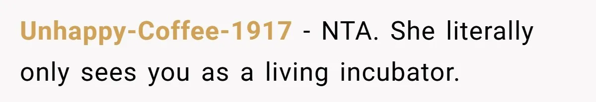 Mother-In-Law Blames Grieving Mom For Baby’s Death At Funeral, Then Invites Her To “Apology Dinner” When She Gets Pregnant Again Unhappy-Coffee-1917 − NTA. She literally only sees you as a living incubator.