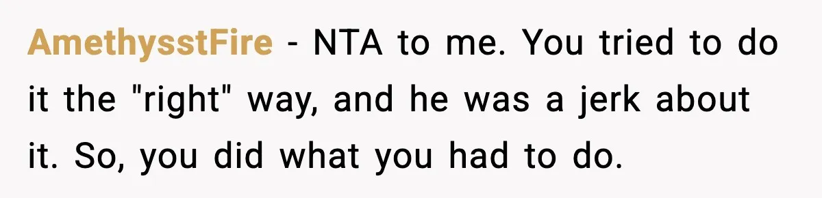 AmethysstFire − NTA to me. You tried to do it the "right" way, and he was a jerk about it. So, you did what you had to do.