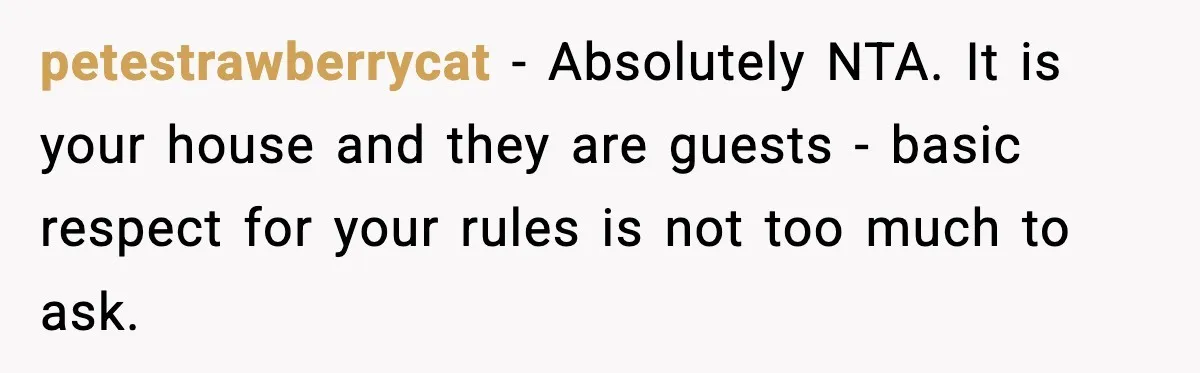 petestrawberrycat − Absolutely NTA. It is your house and they are guests - basic respect for your rules is not too much to ask.