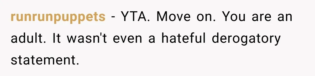 runrunpuppets − YTA. Move on. You are an adult. It wasn't even a hateful derogatory statement.