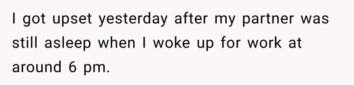 I got upset yesterday after my partner was still asleep when I woke up for work at around 6 pm.