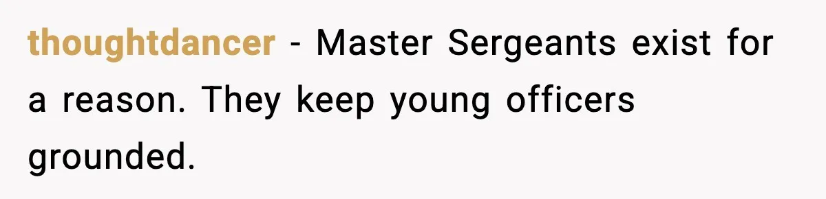 thoughtdancer - Master Sergeants exist for a reason. They keep young officers grounded.