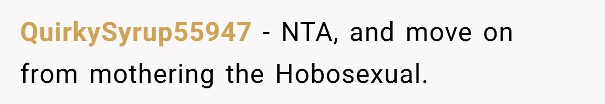 QuirkySyrup55947 − NTA, and move on from mothering the Hobosexual.