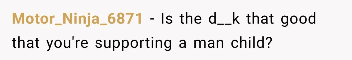 Motor_Ninja_6871 − Is the d__k that good that you're supporting a man child?