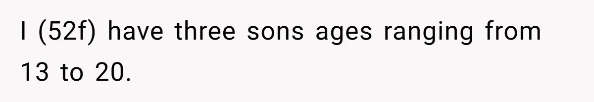 I (52f) have three sons ages ranging from 13 to 20.