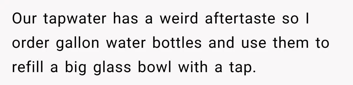 Our tapwater has a weird aftertaste so I order gallon water bottles and use them to refill a big glass bowl with a tap.
