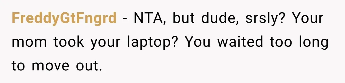 FreddyGtFngrd − NTA, but dude, srsly? Your mom took your laptop? You waited too long to move out.