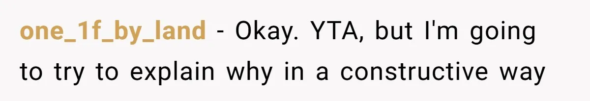 one_1f_by_land − Okay. YTA, but I'm going to try to explain why in a constructive way