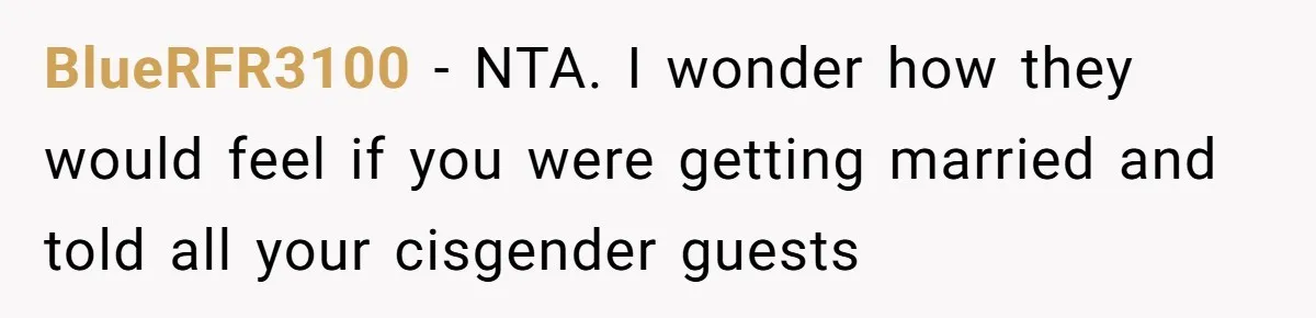 BlueRFR3100 − NTA. I wonder how they would feel if you were getting married and told all your cisgender guests