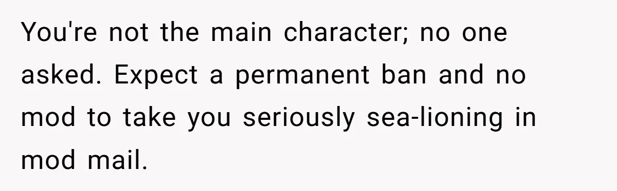 You're not the main character; no one asked. Expect a permanent ban and no mod to take you seriously sea-lioning in mod mail.