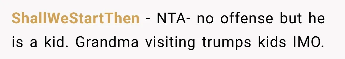 Family Can’t Agree Where Grandma Should Sleep, Son Refuses To Compromise ShallWeStartThen − NTA- no offense but he is a kid. Grandma visiting trumps kids IMO.