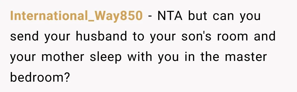Family Can’t Agree Where Grandma Should Sleep, Son Refuses To Compromise International_Way850 − NTA but can you send your husband to your son's room and your mother sleep with you in the master bedroom?