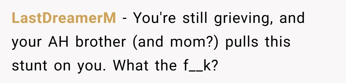 LastDreamerM − You're still grieving, and your AH brother (and mom?) pulls this stunt on you. What the f__k?