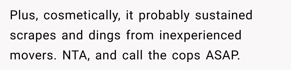Plus, cosmetically, it probably sustained scrapes and dings from inexperienced movers. NTA, and call the cops ASAP.