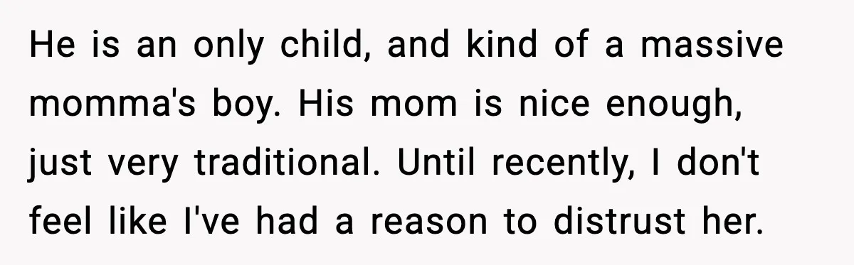 He is an only child, and kind of a massive momma's boy. His mom is nice enough, just very traditional. Until recently, I don't feel like I've had a reason...