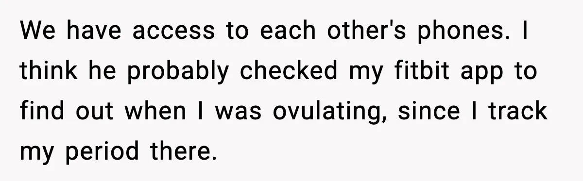We have access to each other's phones. I think he probably checked my fitbit app to find out when I was ovulating, since I track my period there.