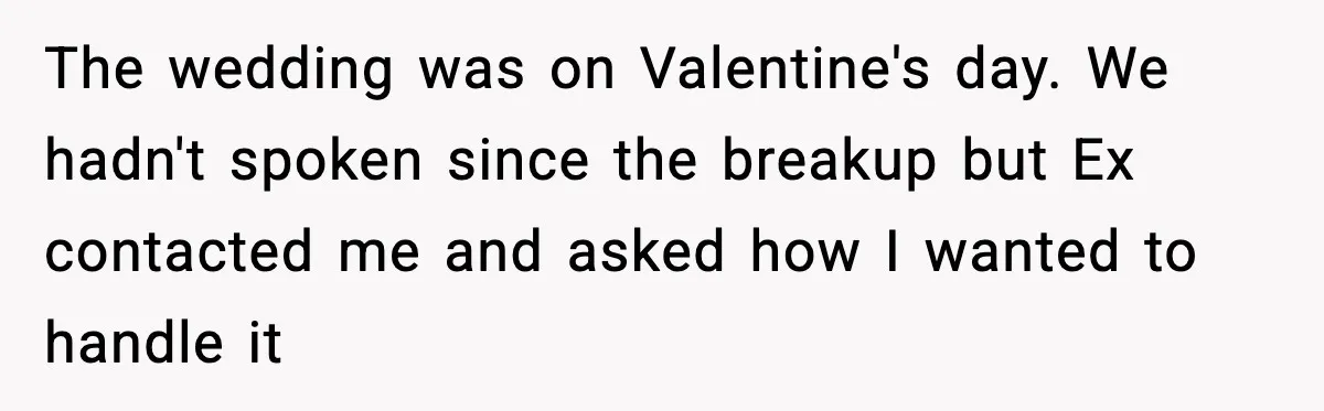 The wedding was on Valentine's day. We hadn't spoken since the breakup but Ex contacted me and asked how I wanted to handle it