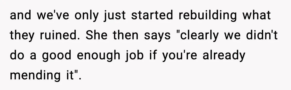 and we've only just started rebuilding what they ruined. She then says "clearly we didn't do a good enough job if you're already mending it".