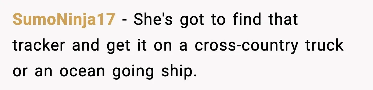 SumoNinja17 - She's got to find that tracker and get it on a cross-country truck or an ocean going ship.