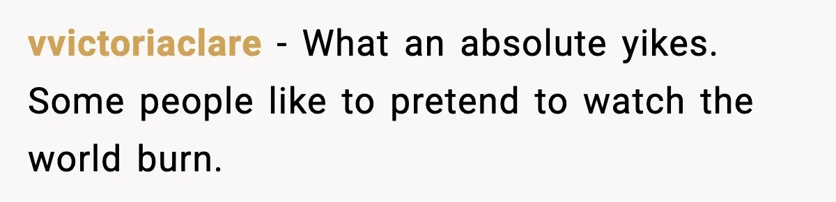 vvictoriaclare - What an absolute yikes. Some people like to pretend to watch the world burn.