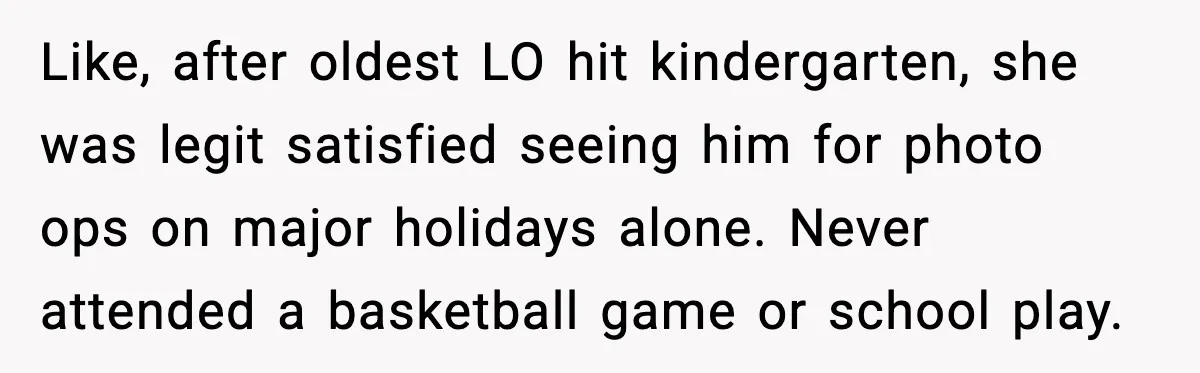 Woman Refuses To Bend As MIL Tries To Control Every Holiday Like, after oldest LO hit kindergarten, she was legit satisfied seeing him for photo ops on major holidays alone. Never attended a basketball game or school play.