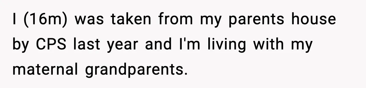 I (16m) was taken from my parents house by CPS last year and I'm living with my maternal grandparents.