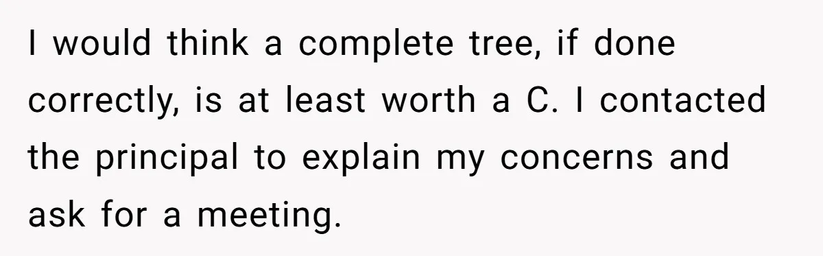 I would think a complete tree, if done correctly, is at least worth a C. I contacted the principal to explain my concerns and ask for a meeting.