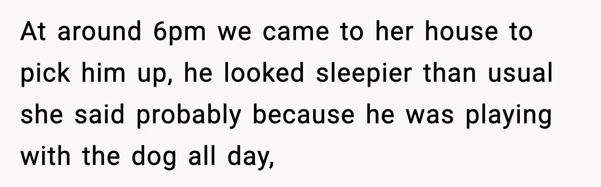 At around 6pm we came to her house to pick him up, he looked sleepier than usual she said probably because he was playing with the dog all day,