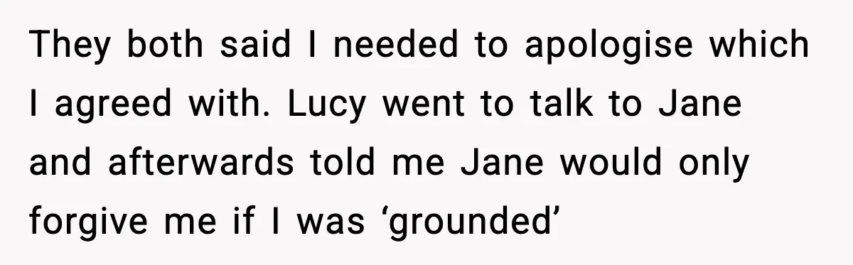 They both said I needed to apologise which I agreed with. Lucy went to talk to Jane and afterwards told me Jane would only forgive me if I was ‘grounded’