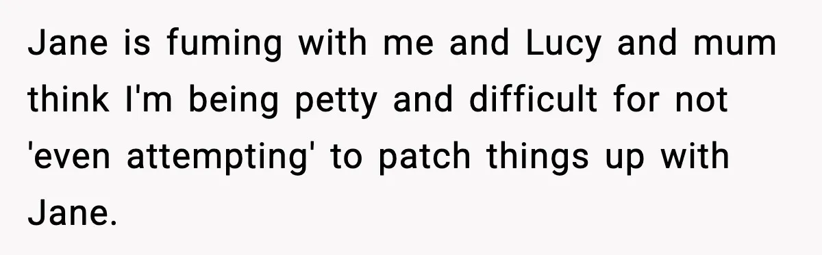 Jane is fuming with me and Lucy and mum think I'm being petty and difficult for not 'even attempting' to patch things up with Jane.