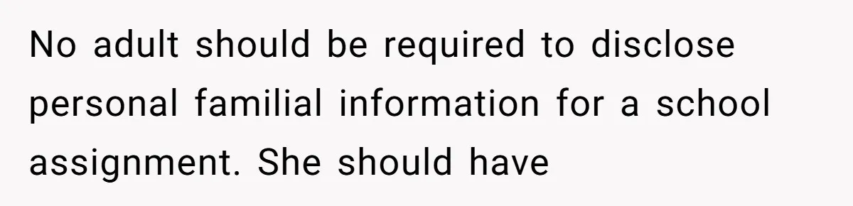 No adult should be required to disclose personal familial information for a school assignment. She should have