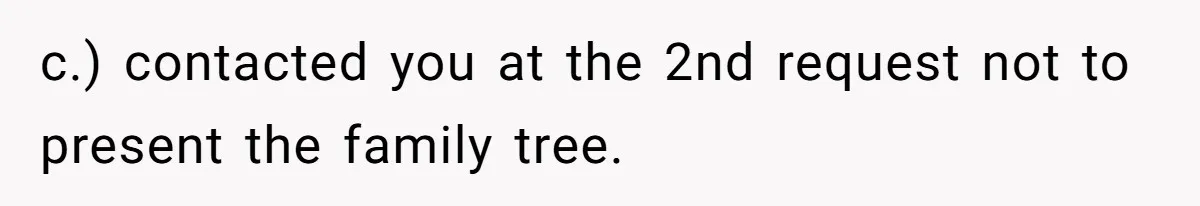 c.) contacted you at the 2nd request not to present the family tree.