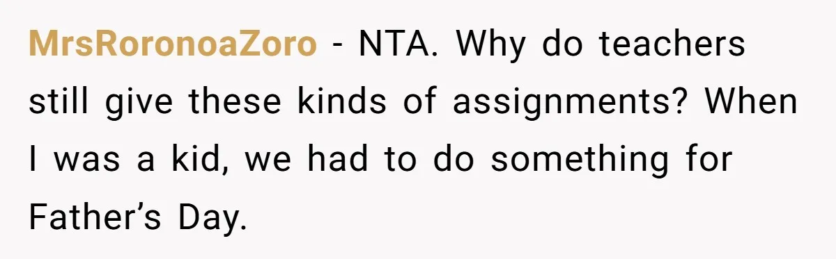 MrsRoronoaZoro − NTA. Why do teachers still give these kinds of assignments? When I was a kid, we had to do something for Father’s Day.