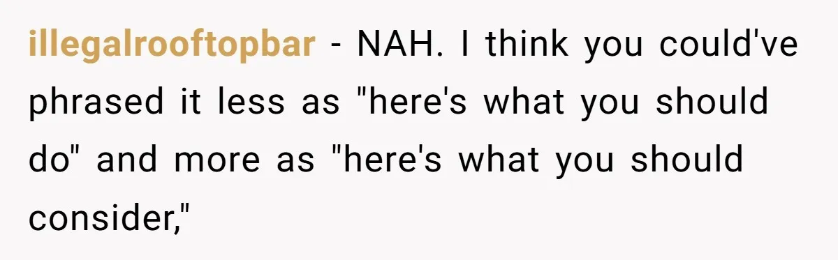 illegalrooftopbar − NAH. I think you could've phrased it less as "here's what you should do" and more as "here's what you should consider,"