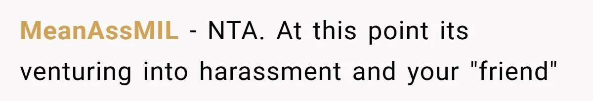 MeanAssMIL − NTA. At this point its venturing into harassment and your "friend"