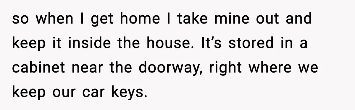 so when I get home I take mine out and keep it inside the house. It’s stored in a cabinet near the doorway, right where we keep our car keys.