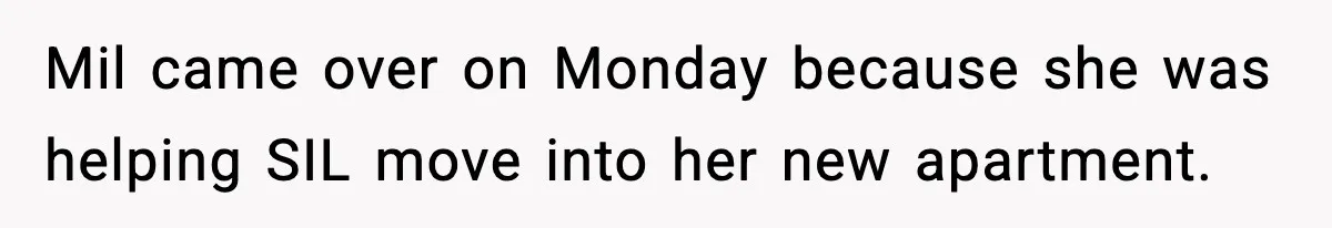 Mil came over on Monday because she was helping SIL move into her new apartment.