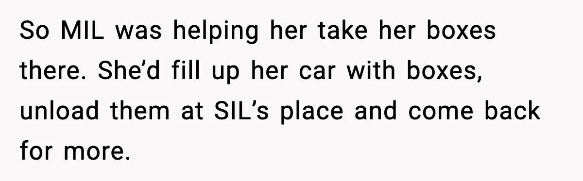 So MIL was helping her take her boxes there. She’d fill up her car with boxes, unload them at SIL’s place and come back for more.