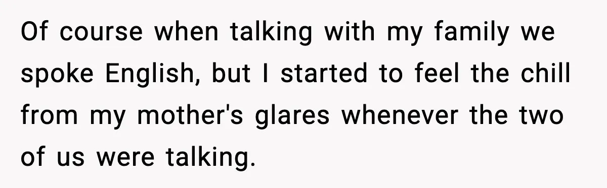 Of course when talking with my family we spoke English, but I started to feel the chill from my mother's glares whenever the two of us were talking.