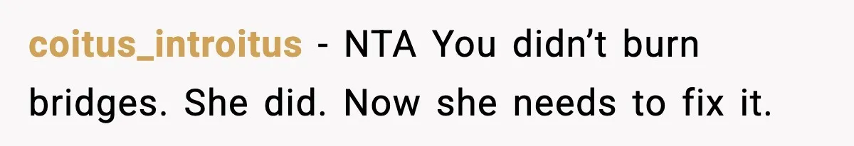 coitus_introitus - NTA You didn’t burn bridges. She did. Now she needs to fix it.