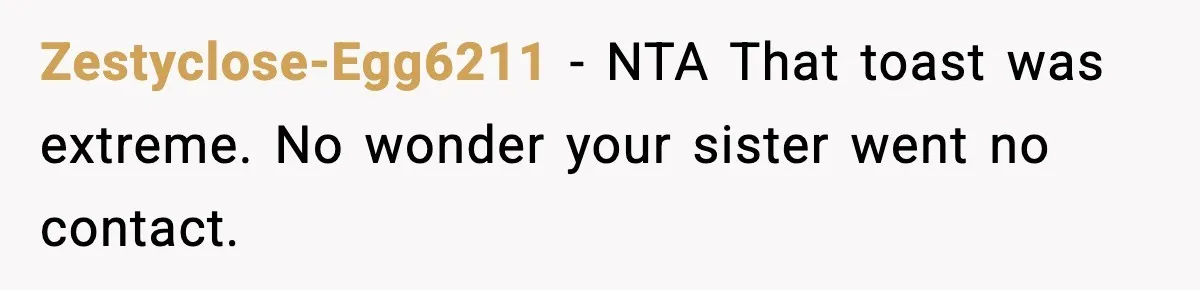 Zestyclose-Egg6211 - NTA That toast was extreme. No wonder your sister went no contact.