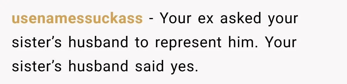 usenamessuckass − Your ex asked your sister’s husband to represent him. Your sister’s husband said yes.