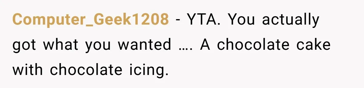 Computer_Geek1208 − YTA. You actually got what you wanted …. A chocolate cake with chocolate icing.