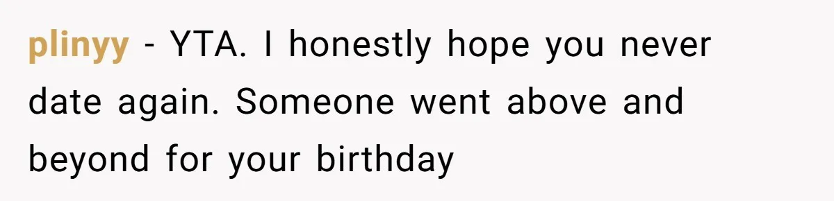 plinyy − YTA. I honestly hope you never date again. Someone went above and beyond for your birthday