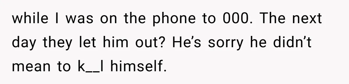 while I was on the phone to 000. The next day they let him out? He’s sorry he didn’t mean to k__l himself.