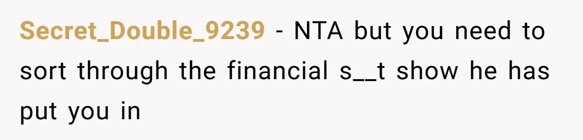 Secret_Double_9239 − NTA but you need to sort through the financial s__t show he has put you in