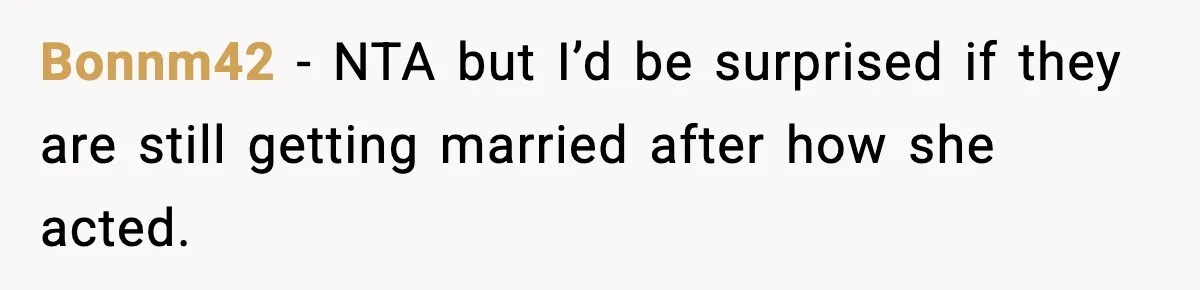 Bonnm42 − NTA but I’d be surprised if they are still getting married after how she acted.