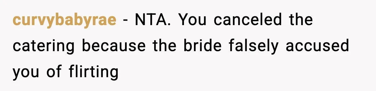 curvybabyrae − NTA. You canceled the catering because the bride falsely accused you of flirting